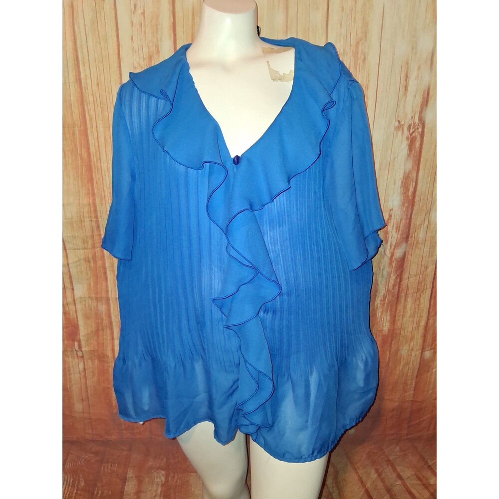 George Sheer Blue Short Sleeve V-neck Button Up Blouse Sz 2X